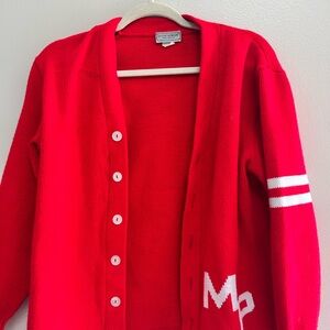 Red Button-Up Cardigan with White Accents